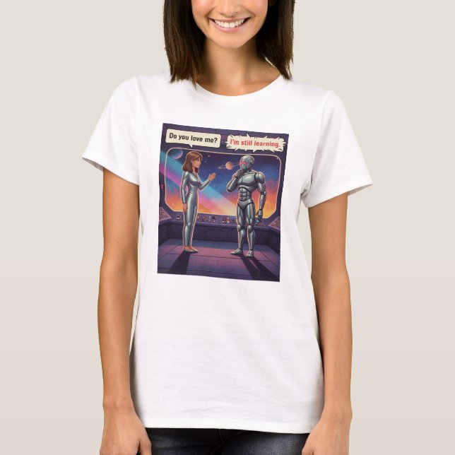 T-shirt Funny AI Romance Female Human and Male Robot Space (Devant)