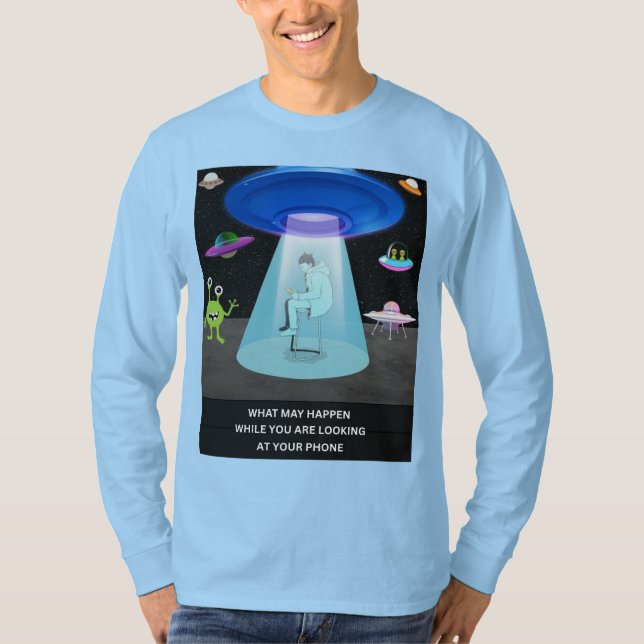 T-shirt Funny Alien Abduction Phone Distraction Sci-Fi Hum (Devant)
