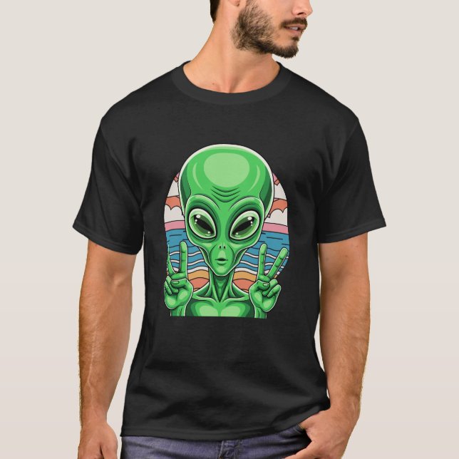 T-shirt Funny Alien Peace Sign Area 51 Design (Devant)