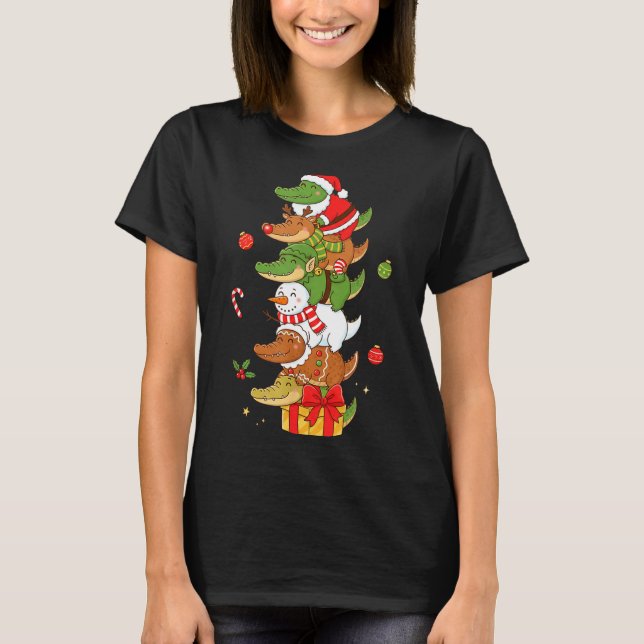 T-shirt Funny Alligator Santa Elf Snowman Christmas Womens (Devant)