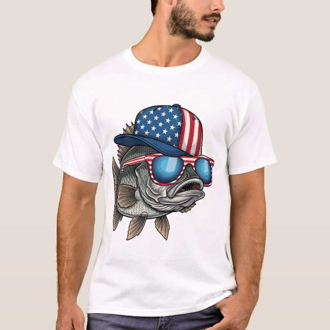 T-shirt Funny American Big Fish Wearing Flag Cap Fishing (Devant)