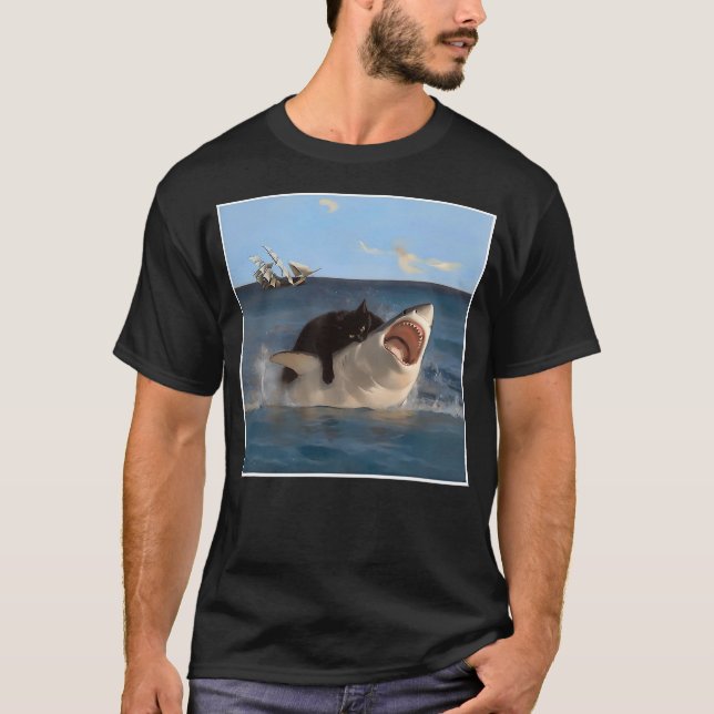 T-shirt funny Art & Cat Lover Quote Cat Biting Shark Cool  (Devant)