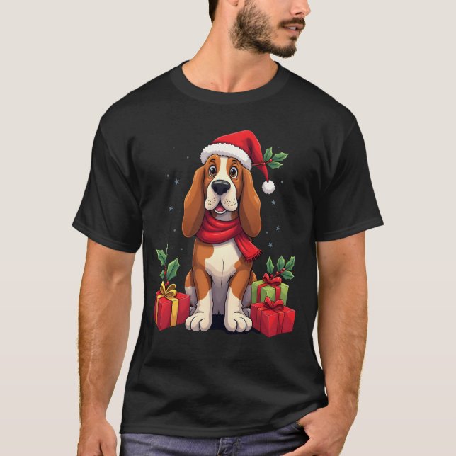 T-shirt Funny Basset Hound Dog Christmas Outfits Santa Hat (Devant)