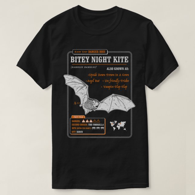 T-shirt Funny Bat Fact File - Bitey Night Kite (Design devant)