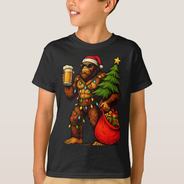 T-shirt Funny Big Foot Santa Hat Drink Christmas Tree Xmas (Devant)
