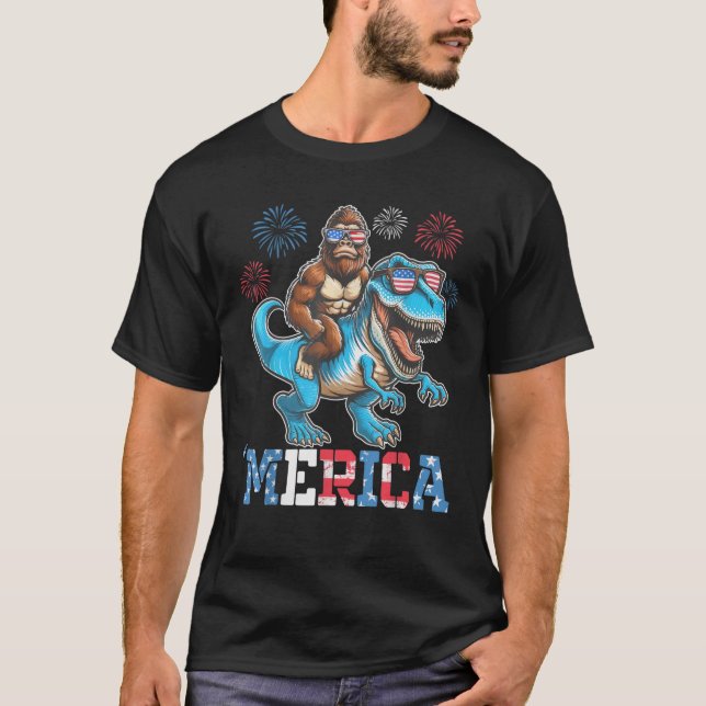 T-shirt Funny Bigfoot équitation Dinosaur Merica Fireworks (Devant)