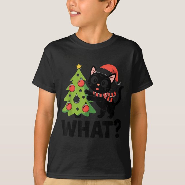 T-shirt Funny Black Ca Pushing Christmas Tree Over Cat Wha (Devant)