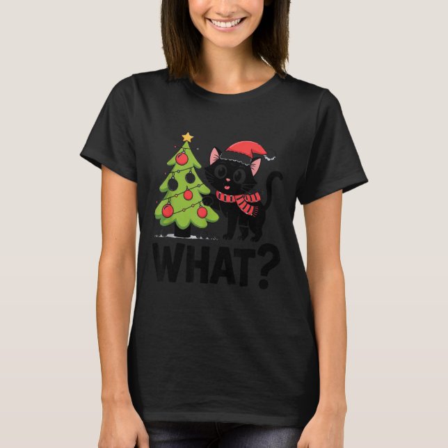 T-shirt Funny Black Ca Pushing Christmas Tree Over Cat Wha (Devant)