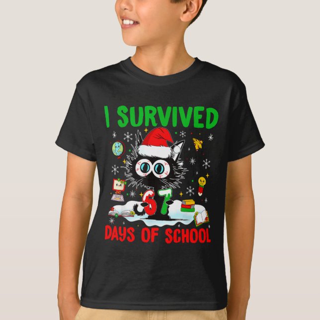 T-shirt Funny Black Cat Christmas I Survived 67 Days Of Sc (Devant)