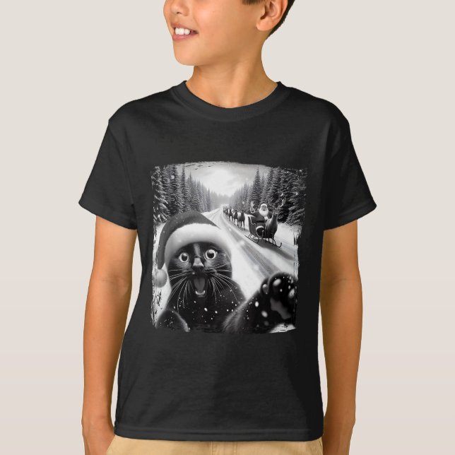 T-shirt Funny Black Cat Christmas Selfie Santa Sleigh Snow (Devant)
