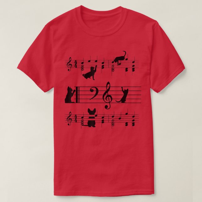 T-shirt Funny Black Cat Climbing Playing Sheet Music Note  (Design devant)