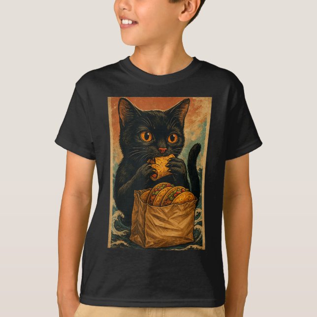 T-shirt Funny Black Cat Eating Tacos Retro Japanese  (Devant)