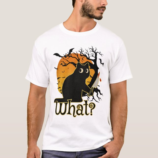 T-shirt Funny Black Cat Holding Knife Halloween (Devant)