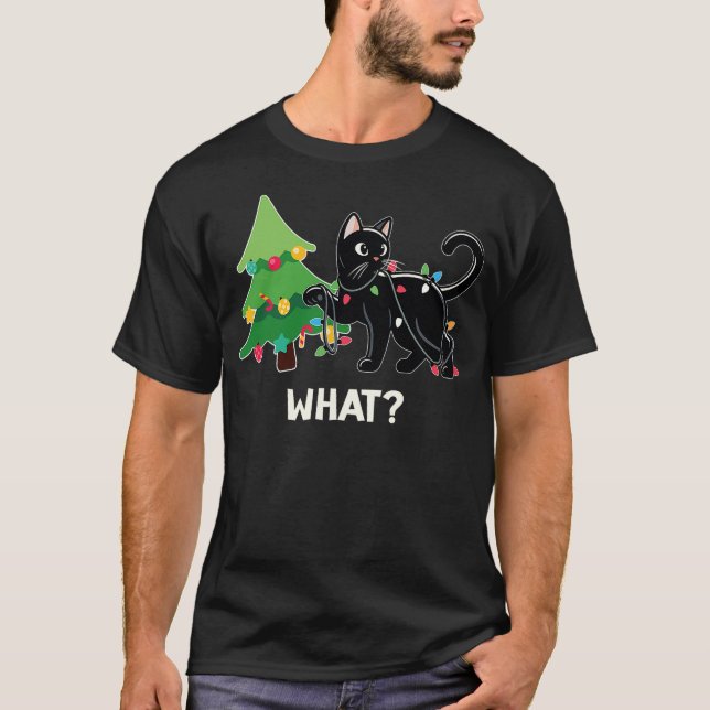T-shirt Funny Black Cat Pushing Christmas Tree Cat Lover X (Devant)