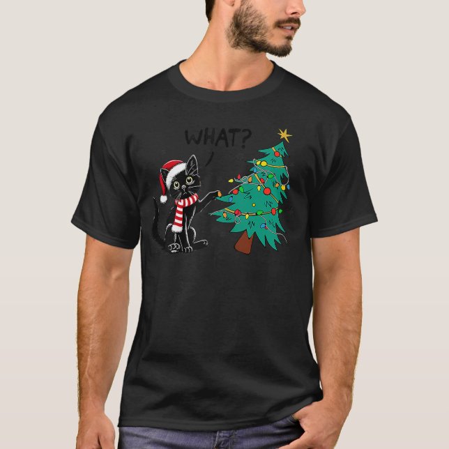 T-shirt Funny Black Cat Pushing Christmas Tree Over Cat Wh (Devant)
