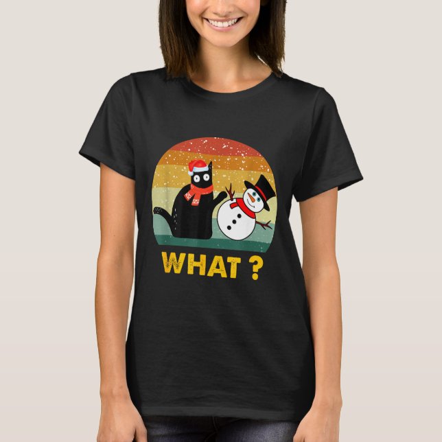 T-shirt Funny Black Cat Pushing Snowman Xmas Winter Costum (Devant)