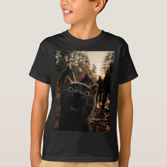 T-shirt Funny Black Cat Selfie With Zombies Feline Animal  (Devant)