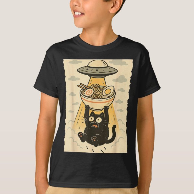 T-shirt Funny Black Cat Ufo Ramen Alien Abduction Graphic  (Devant)