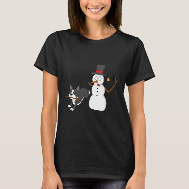 T-shirt Funny Boston Terrier Snowman Stick Arm Noël (Devant)
