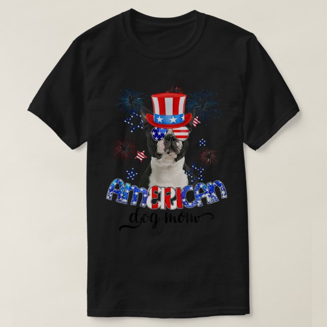 T-shirt Funny Boston Terrier Wearing Sunglasses USA Flag 4 (Design devant)