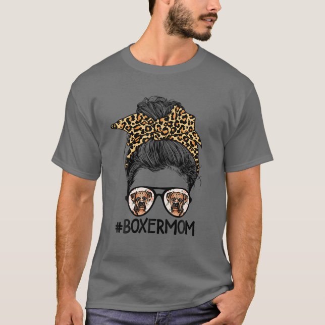 T-shirt Funny Boxer Maman Leopard Messy Bun Boxer Lover Mo (Devant)