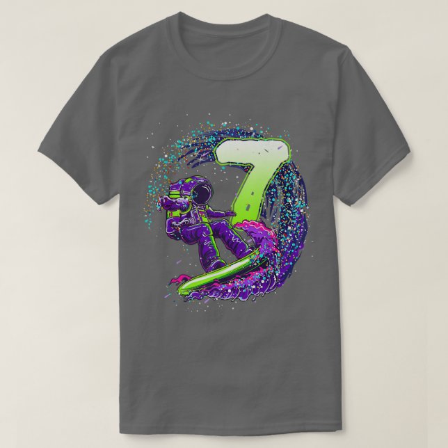 T-shirt Funny Boy 7e anniversaire astronaute surfe spatial (Design devant)