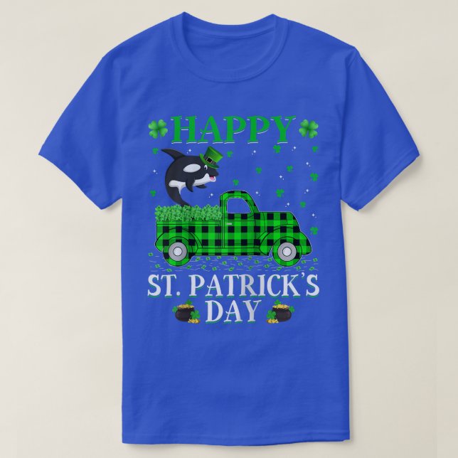 T-shirt Funny Buffalo Plaid Green Truck Orca Fish St Patri (Design devant)