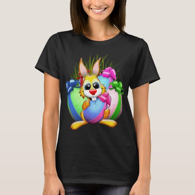 T-shirt Funny Bunny biting an Easter Egg (Devant)