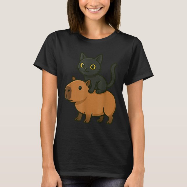 T-shirt Funny Capybara Black Chat Amoureux des animaux Mam (Devant)