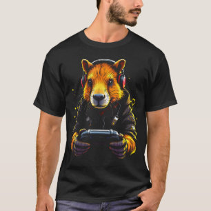 T-shirt Funny Capybara Tee Manette Casque Jeux Vidéo 