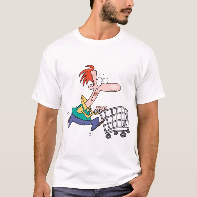 T-shirt Funny Cartoon Man Running With Shopping Cart (Devant)