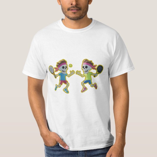 T-shirt Funny Cartoon Skeletons Playing Padel Tennis – 3D  (Devant)