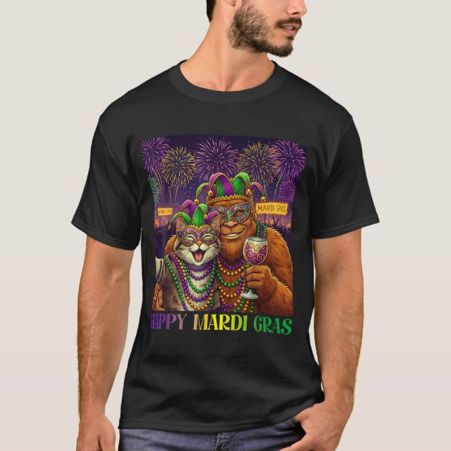 T-shirt Funny Cat Bigfoot Selfie Mardi Gras Carnival Party (Devant)