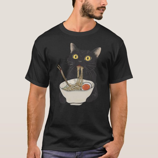 T-shirt Funny Cat Eating Noodles Ramen Japanese Cat Eat No (Devant)