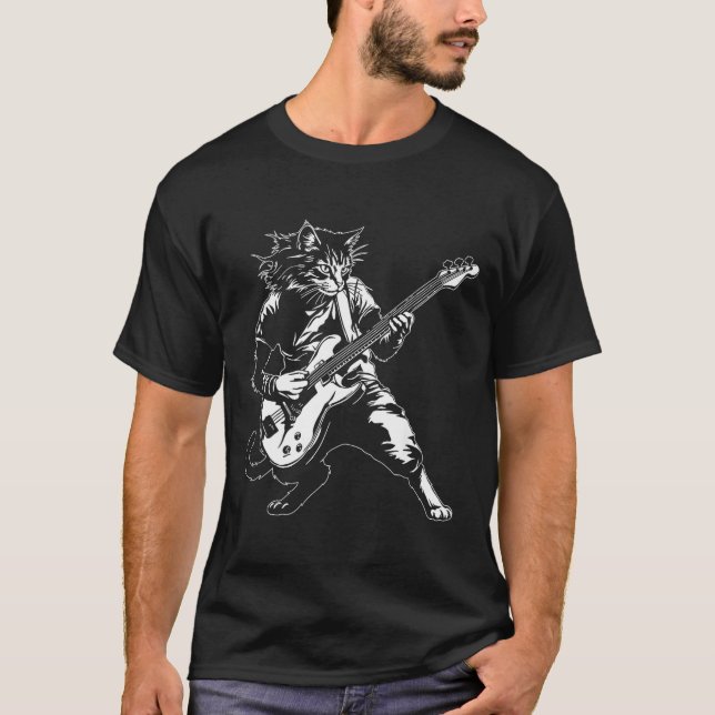 T-shirt Funny Cat Playing B Guitar Rock Music Lover Musici (Devant)