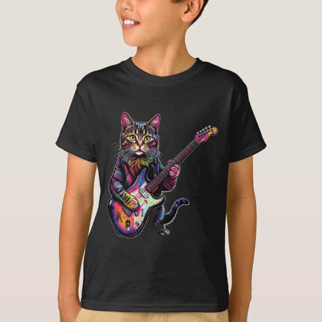 T-shirt Funny Cat Playing Guitar Rock And Roll Men Women K (Devant)