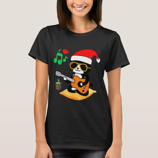 T-shirt Funny Cat Playing Guitar Sungles Santa Hat Christm (Devant)