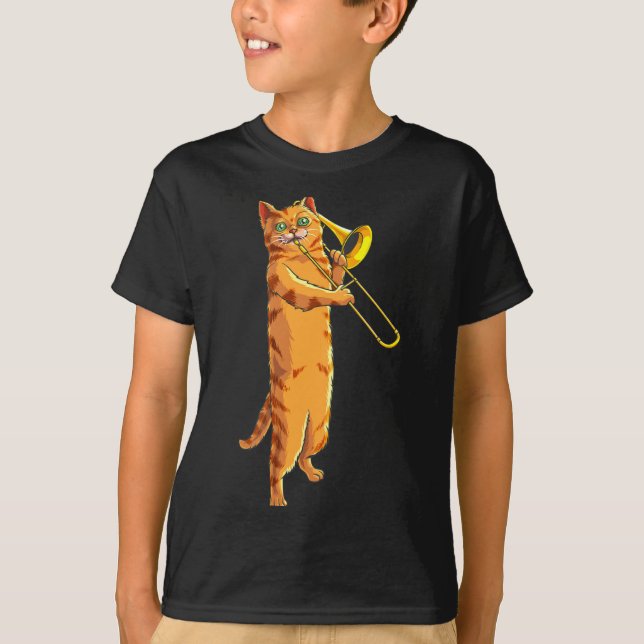 T-shirt Funny Cat Playing Trombone Gift Cool Kitten Musici (Devant)