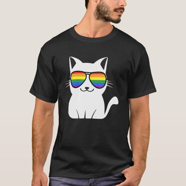 T-shirt Funny Cat Rainbow Sunglasses Cute Animal Lovers LG (Devant)