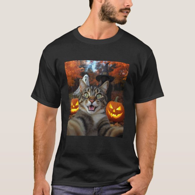 T-shirt Funny Cat Selfie avec une sorcière et fantôme Hall (Devant)