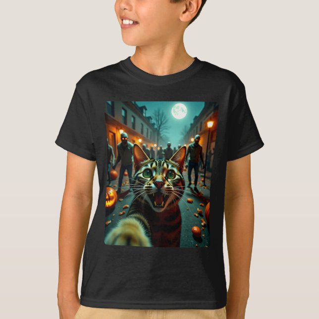 T-shirt Funny Cat Selfie Halloween Zombies Humor  (Devant)