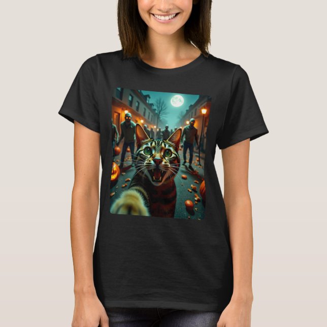 T-shirt Funny Cat Selfie Halloween Zombies Humor  (Devant)