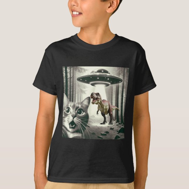 T-shirt Funny Cat Selfie With Alien Ufo And T-rex Dinosaur (Devant)
