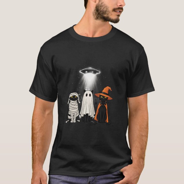 T-shirt Funny Cat UFO Three Kitty Space Spaceship Alien Ha (Devant)