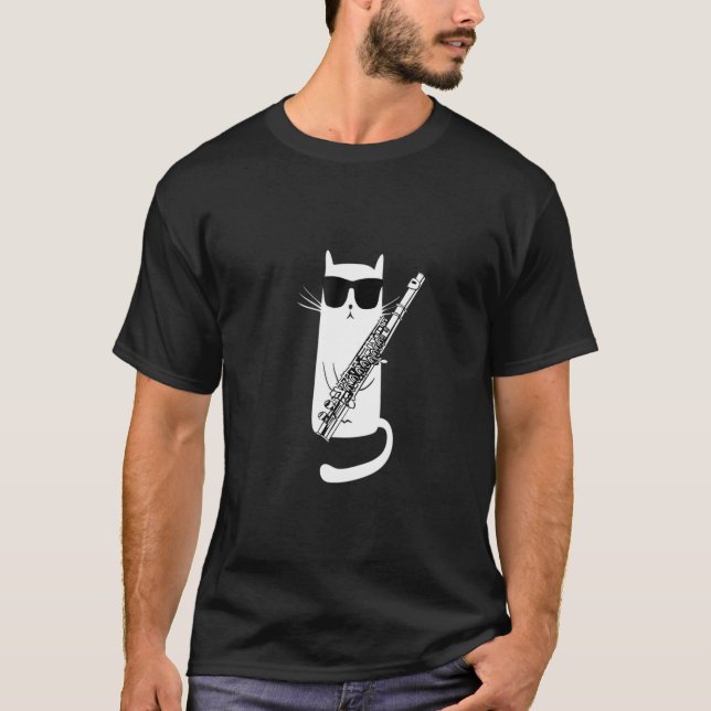 T-shirt Funny Cat Wearing Sunglasses Playing Flute (Devant)