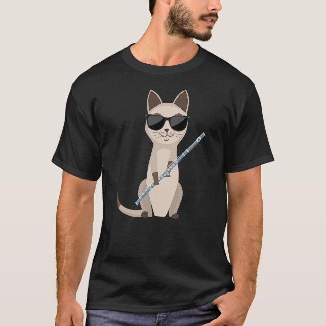 T-shirt Funny Cat Wearing Sunglasses Playing Flute Flutist (Devant)