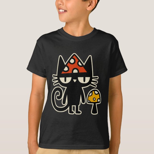 T-shirt Funny Cat With Mushroom Hat Black Cat With Toadsto (Devant)