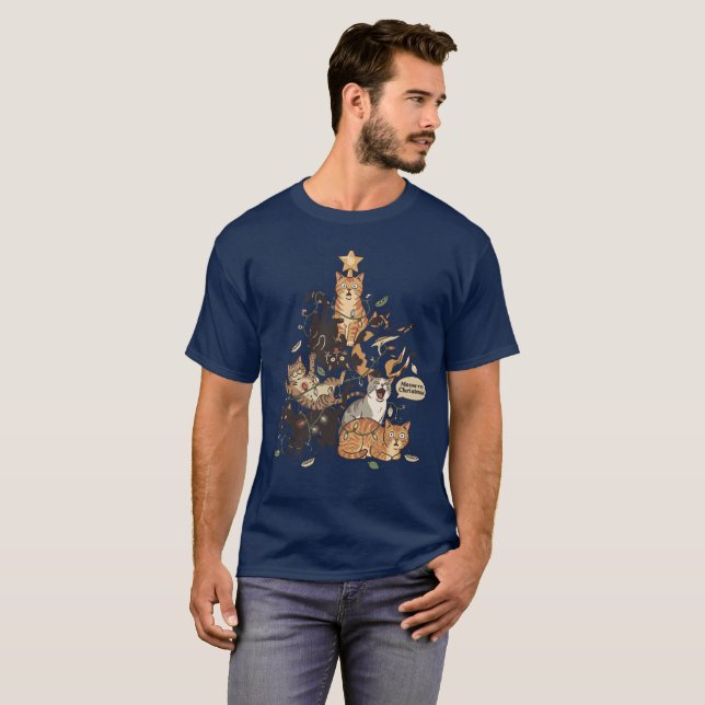 T-shirt Funny Cats Christmas Tree Tangled Lights Holiday (Devant entier)