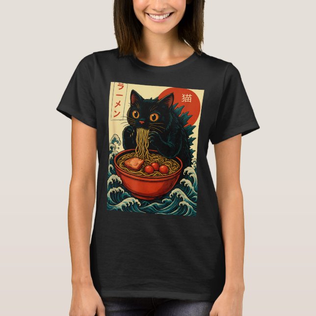 T-shirt Funny Catzilla Anime Ramen Japanese Cat Men Women  (Devant)