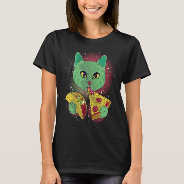 T-shirt Funny Chat Manger Tacos et Pizza dans l'espace ext (Devant)